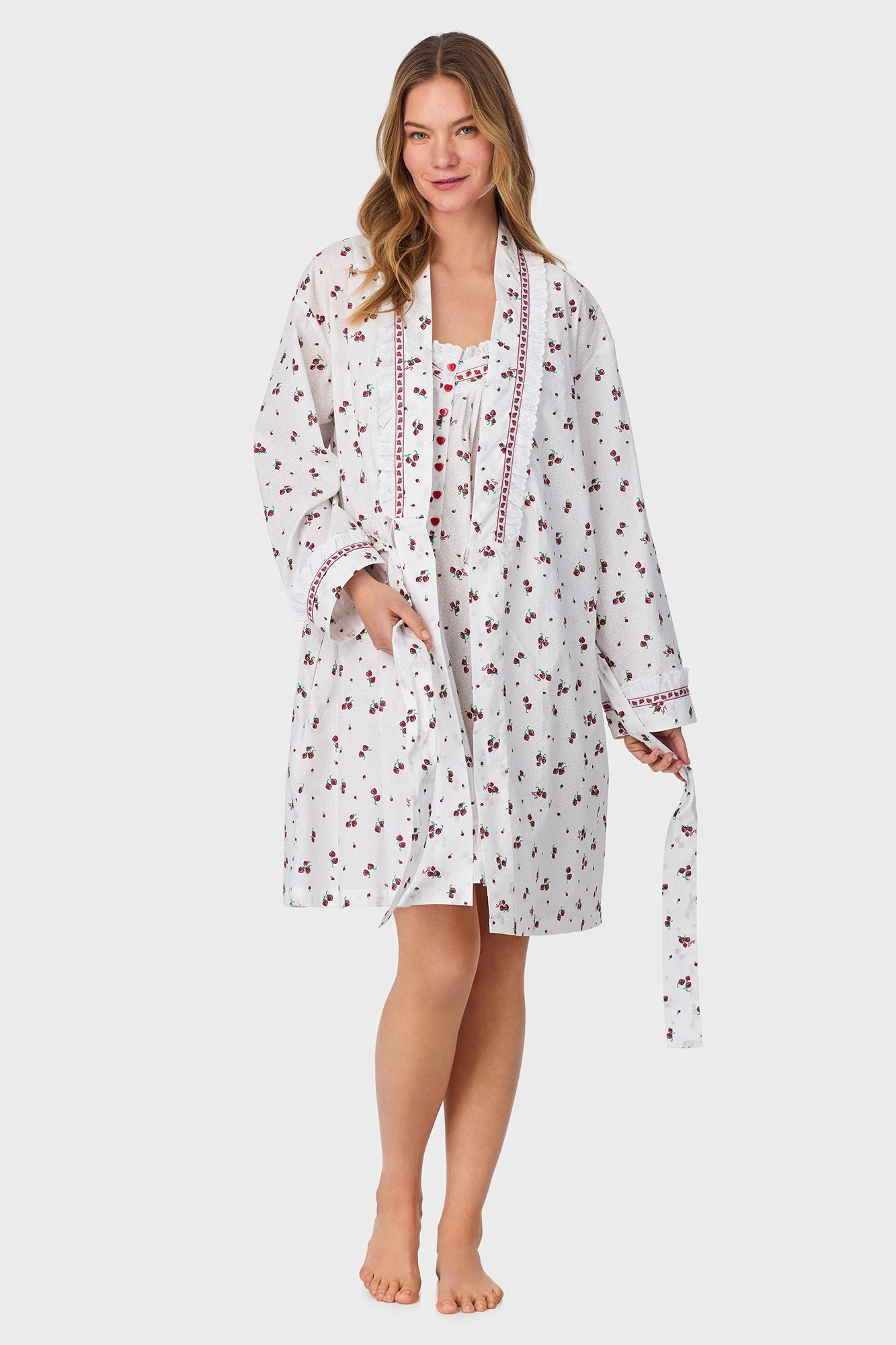 A lady wearing Strawberry Jubilee Cotton Lawn Short Wrap Robe