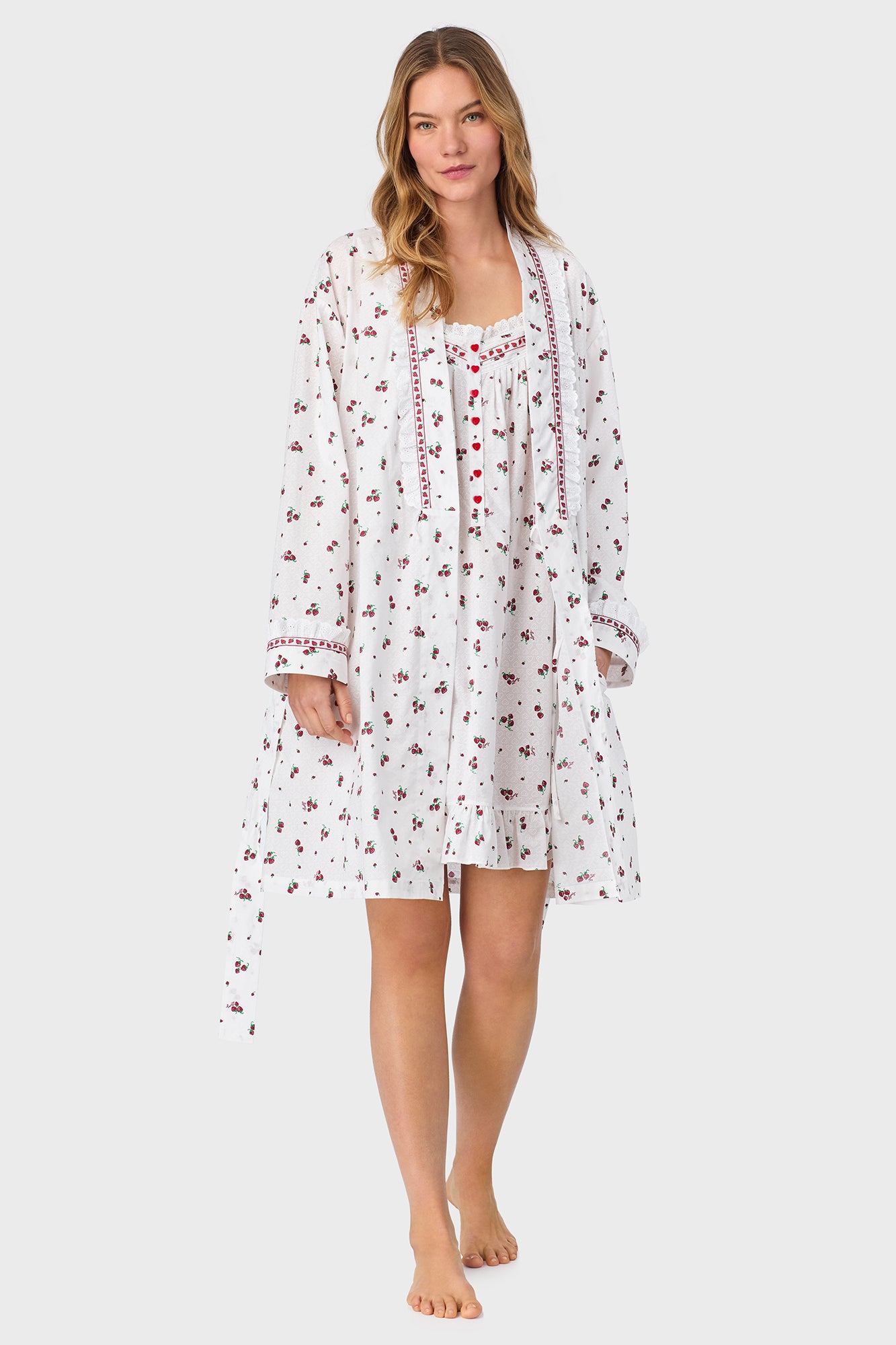 A lady wearing Strawberry Jubilee Cotton Lawn Short Wrap Robe