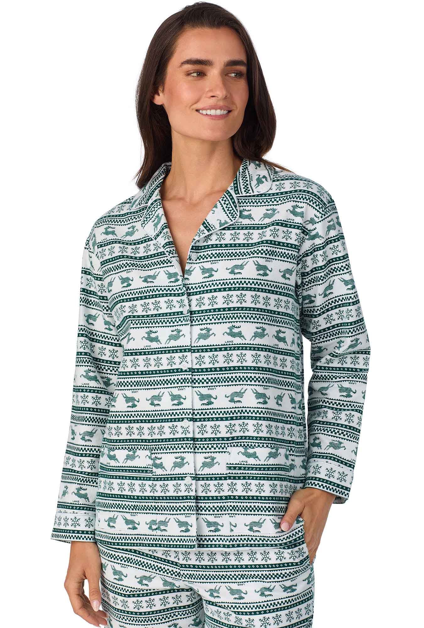 A lady wearing Hunter Green Fair Isle Classic Notch Pajama