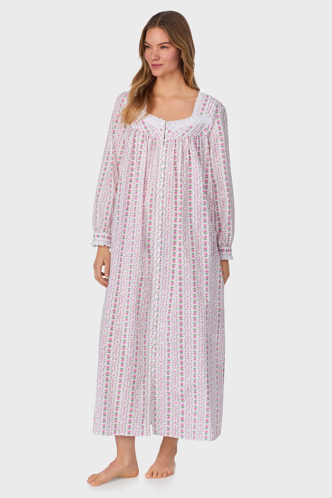 A lady wearing Rosey Tyrolean Cotton Lawn Ballet Button Front Robe