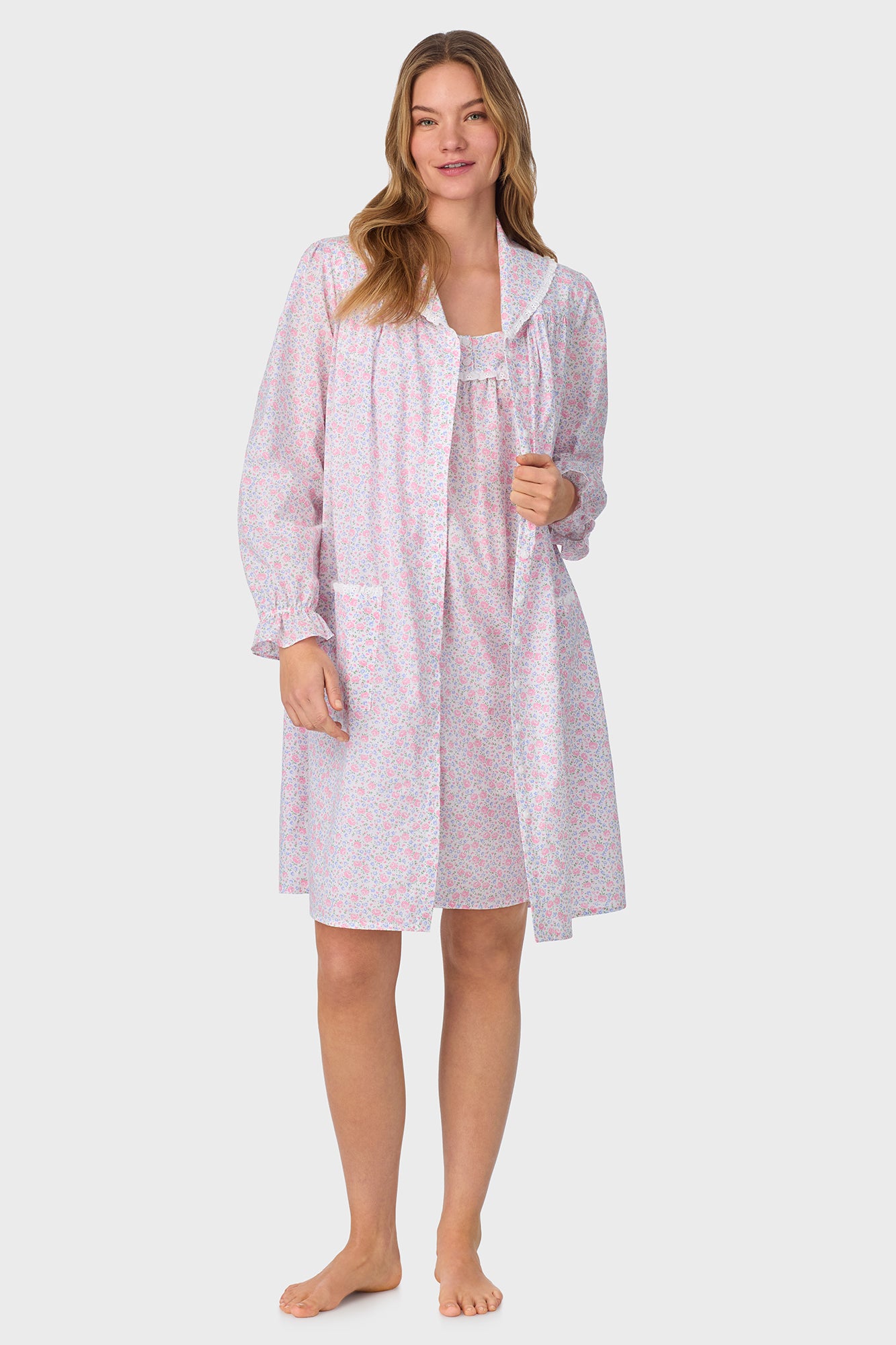 Grandma's Garden Cotton Dream Long Sleeve Short Button Front Robe