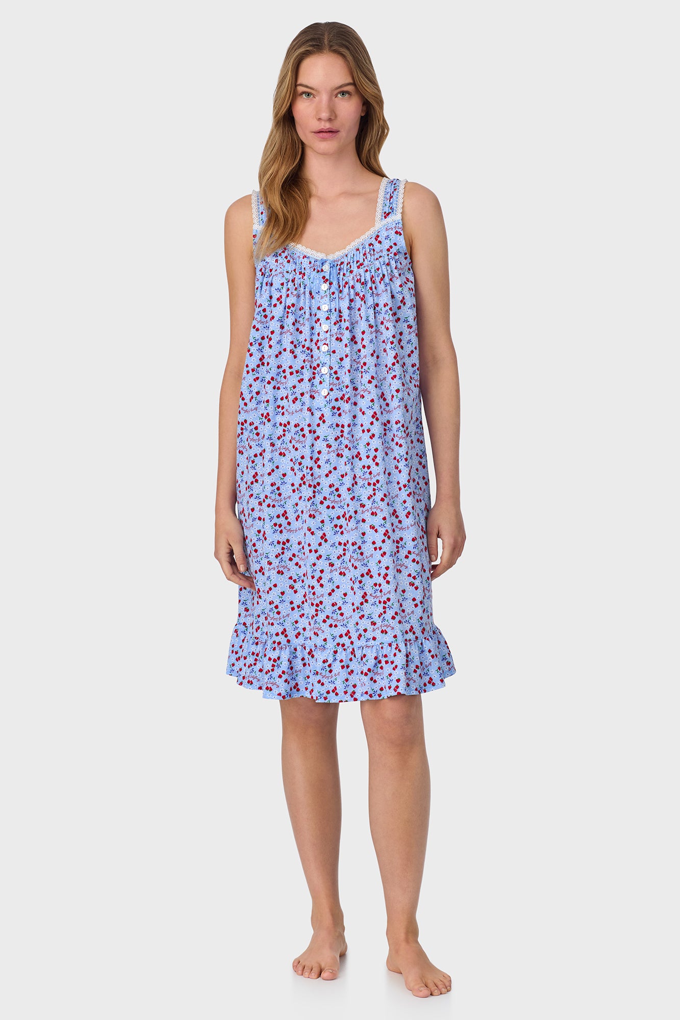 A lady wearing Blue Skies & Berries Cotton Knit Short Nightgown