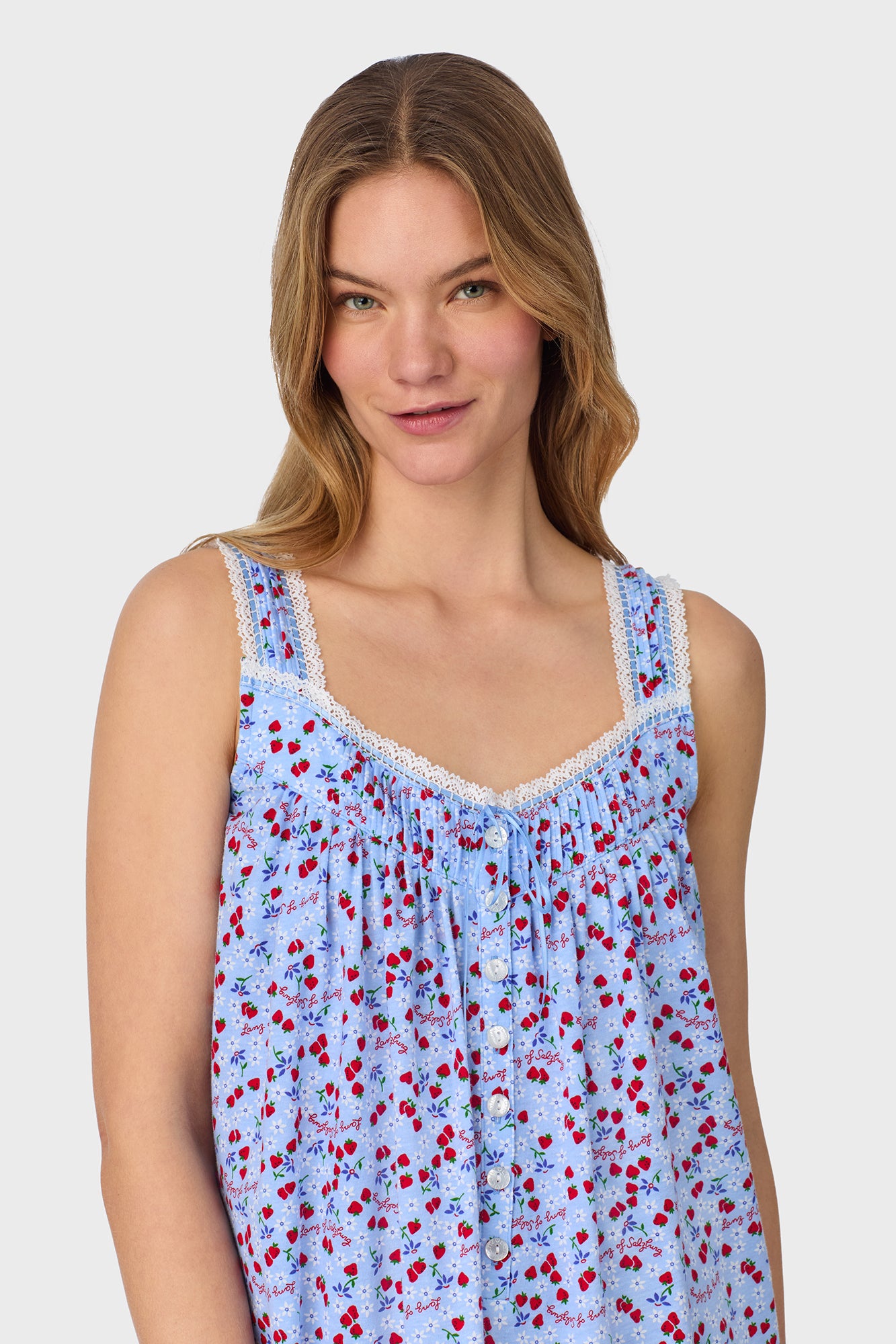 A lady wearing Blue Skies & Berries Cotton Knit Short Nightgown