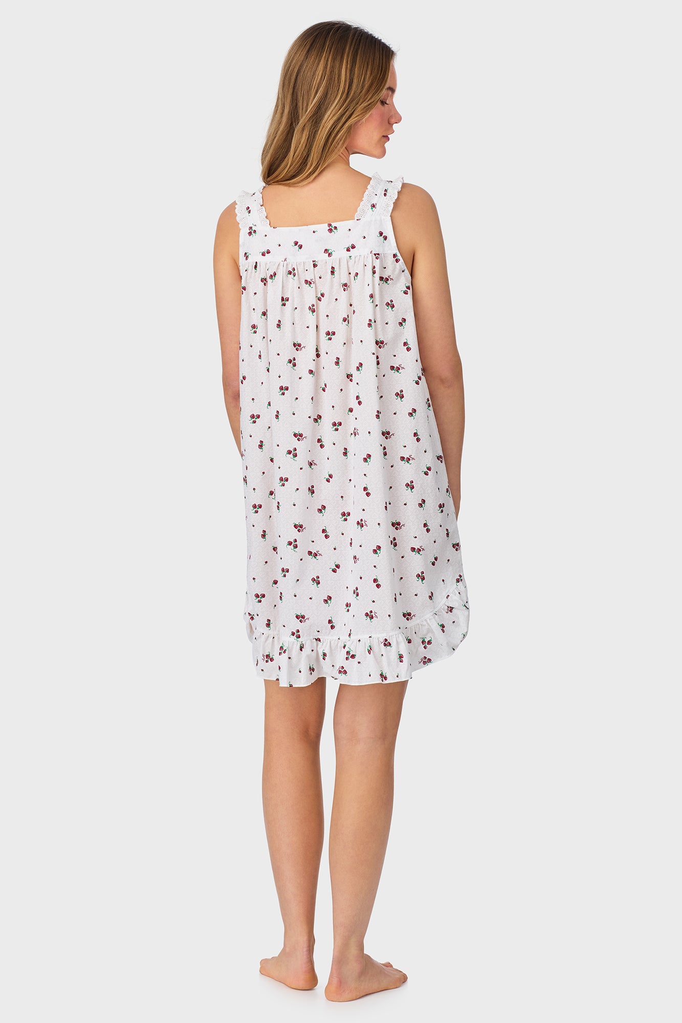 A lady wearing Strawberry Jubilee Cotton Lawn Chemise