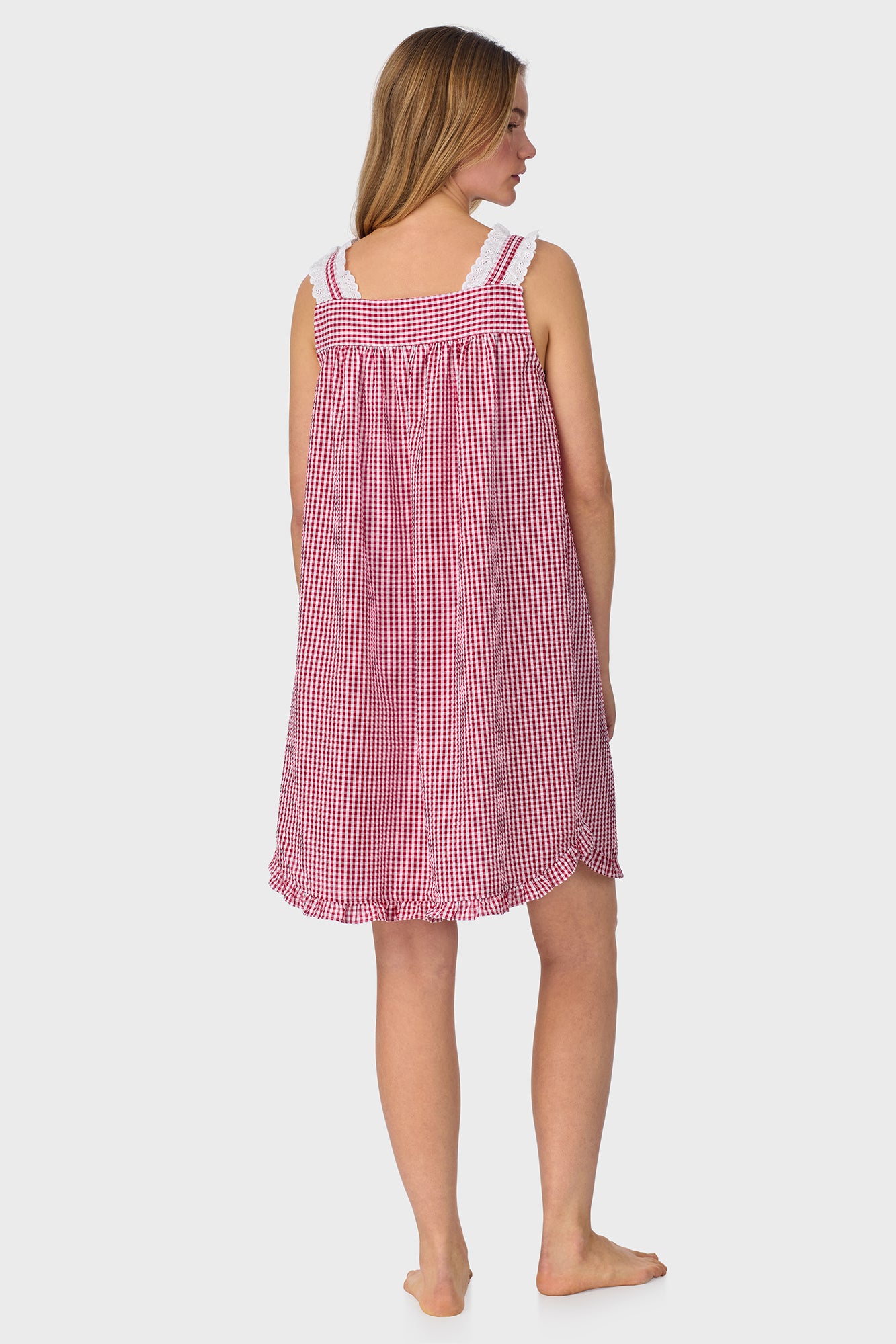 A lady wearing Picnic Plaid Seersucker Yarndye Check Chemise