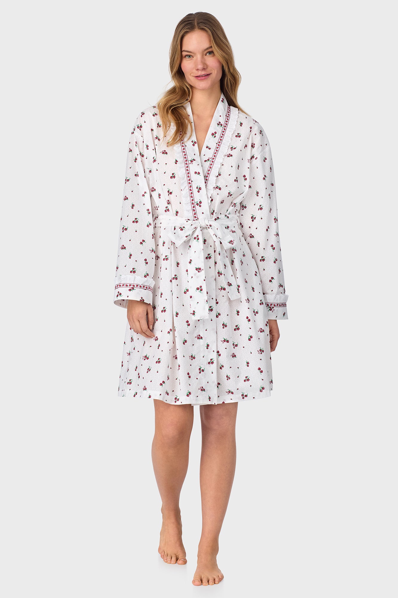 A lady wearing Strawberry Jubilee Cotton Lawn Short Wrap Robe