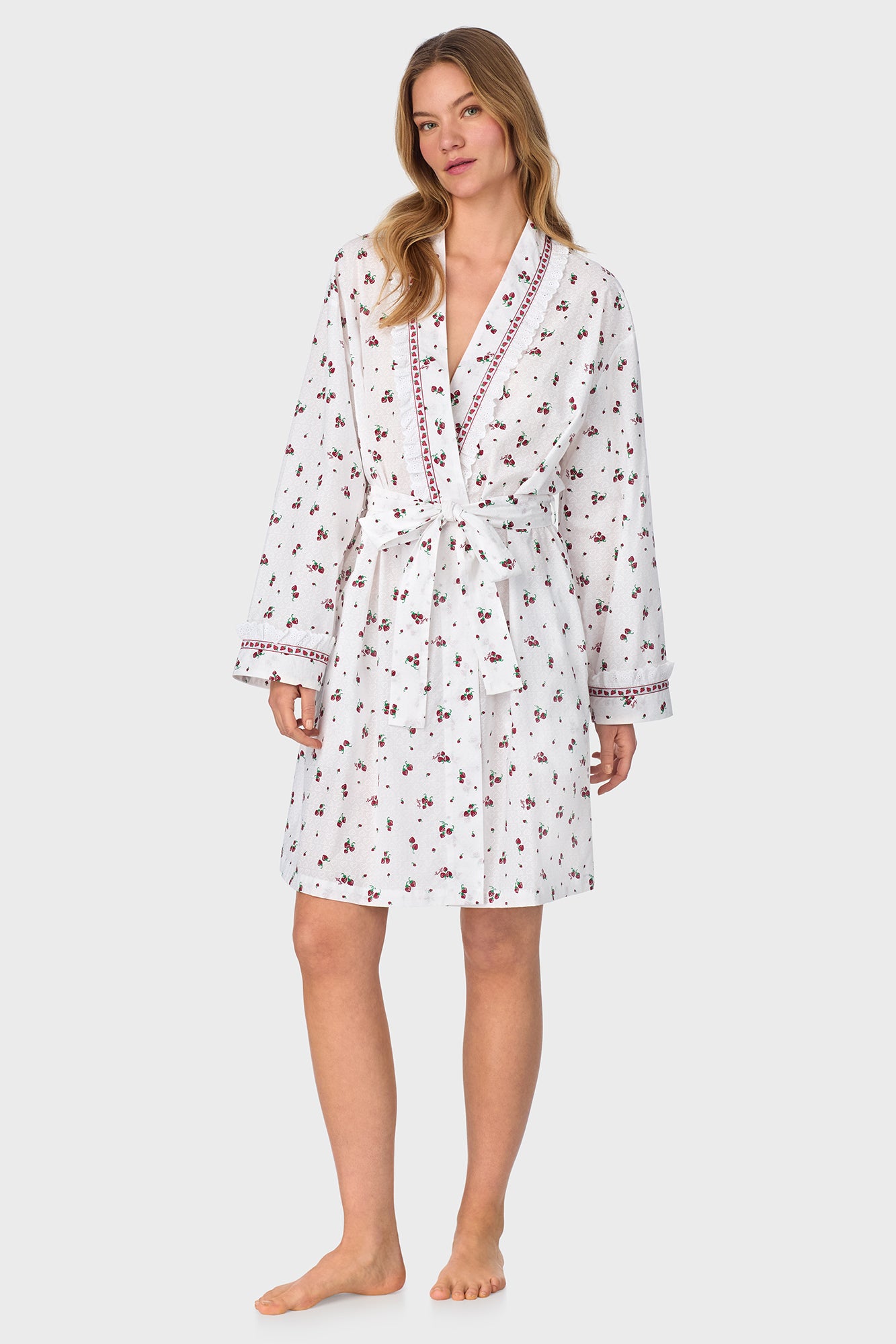 A lady wearing Strawberry Jubilee Cotton Lawn Short Wrap Robe