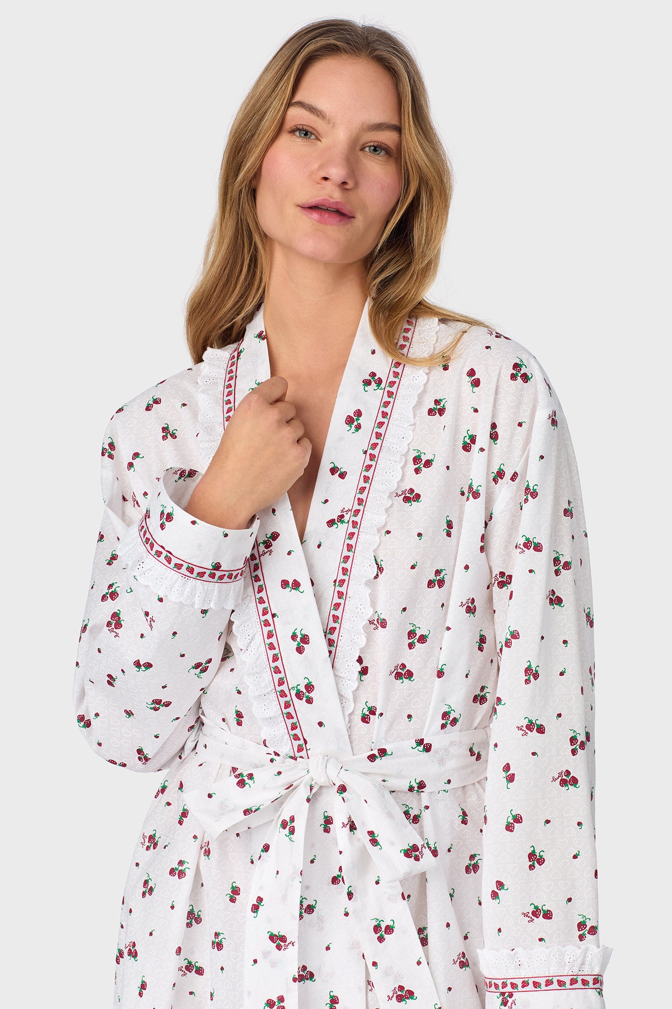 A lady wearing Strawberry Jubilee Cotton Lawn Short Wrap Robe