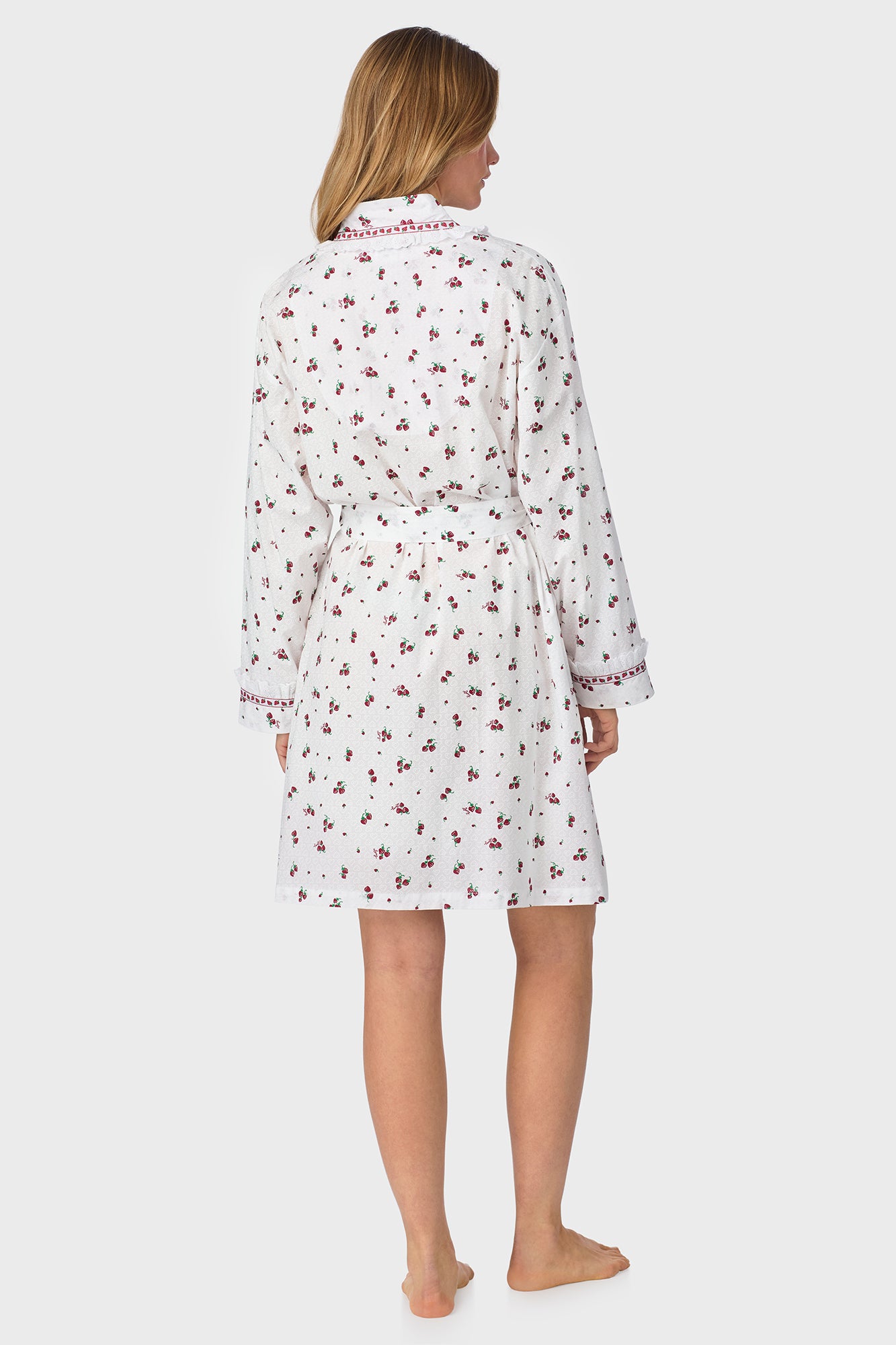 A lady wearing Strawberry Jubilee Cotton Lawn Short Wrap Robe