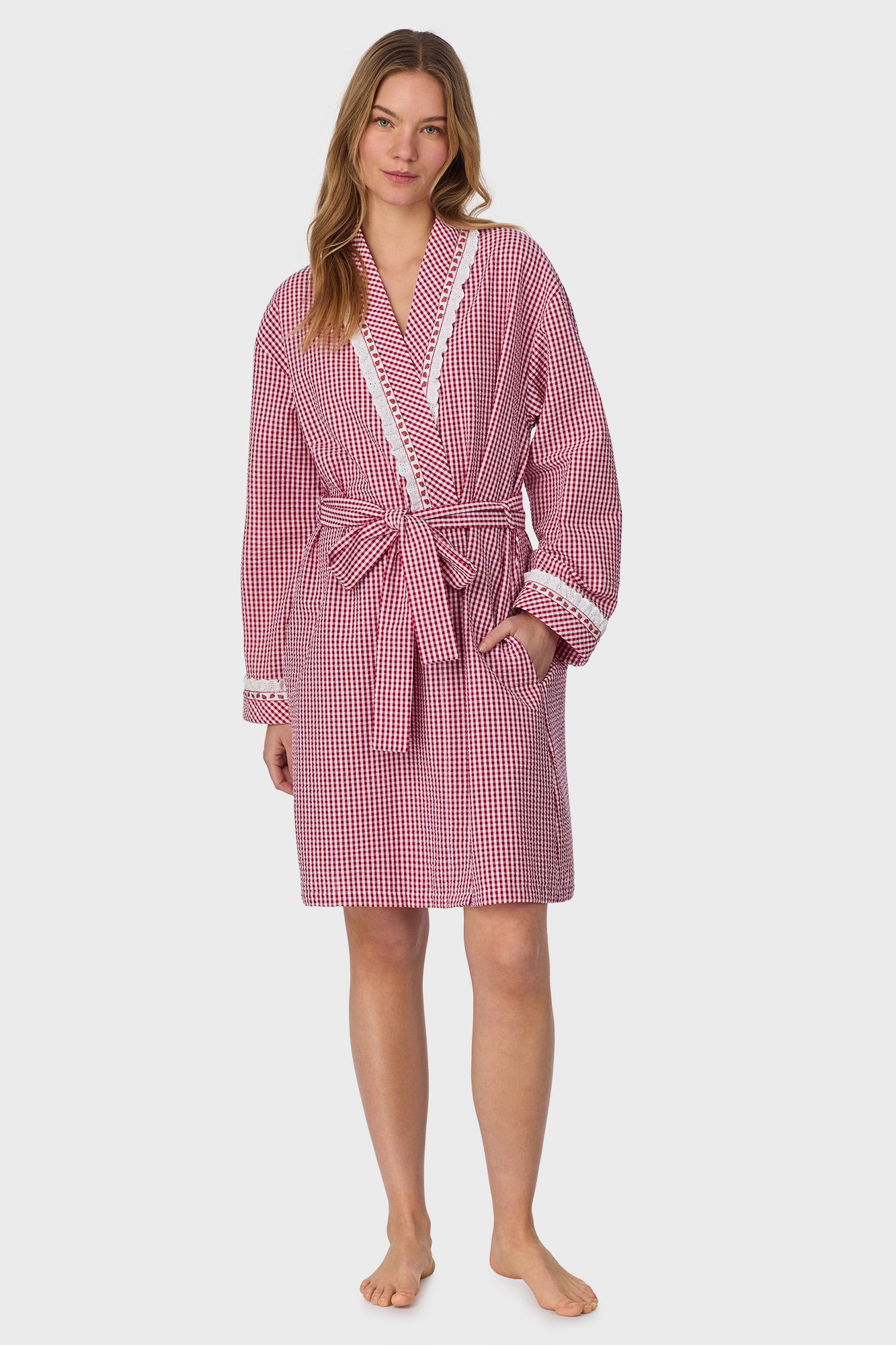 A lady wearing Picnic Plaid Seersucker Yarndye Check Short Wrap Robe