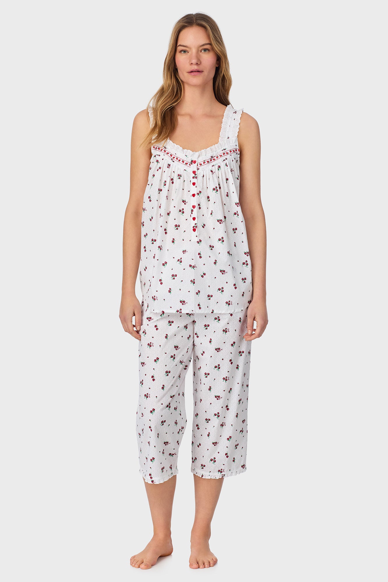 A lady wearing Strawberry Jubilee Cotton Lawn Capri Pajama