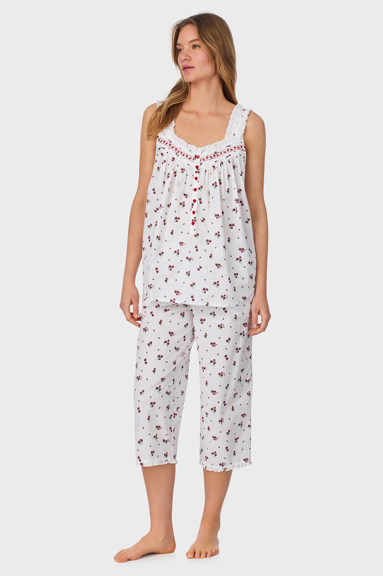 A lady wearing Strawberry Jubilee Cotton Lawn Capri Pajama