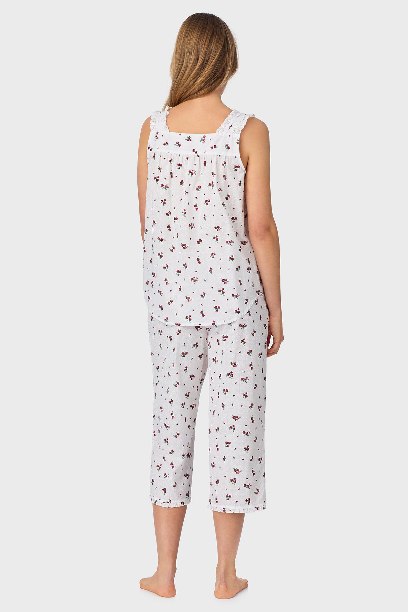 A lady wearing Strawberry Jubilee Cotton Lawn Capri Pajama