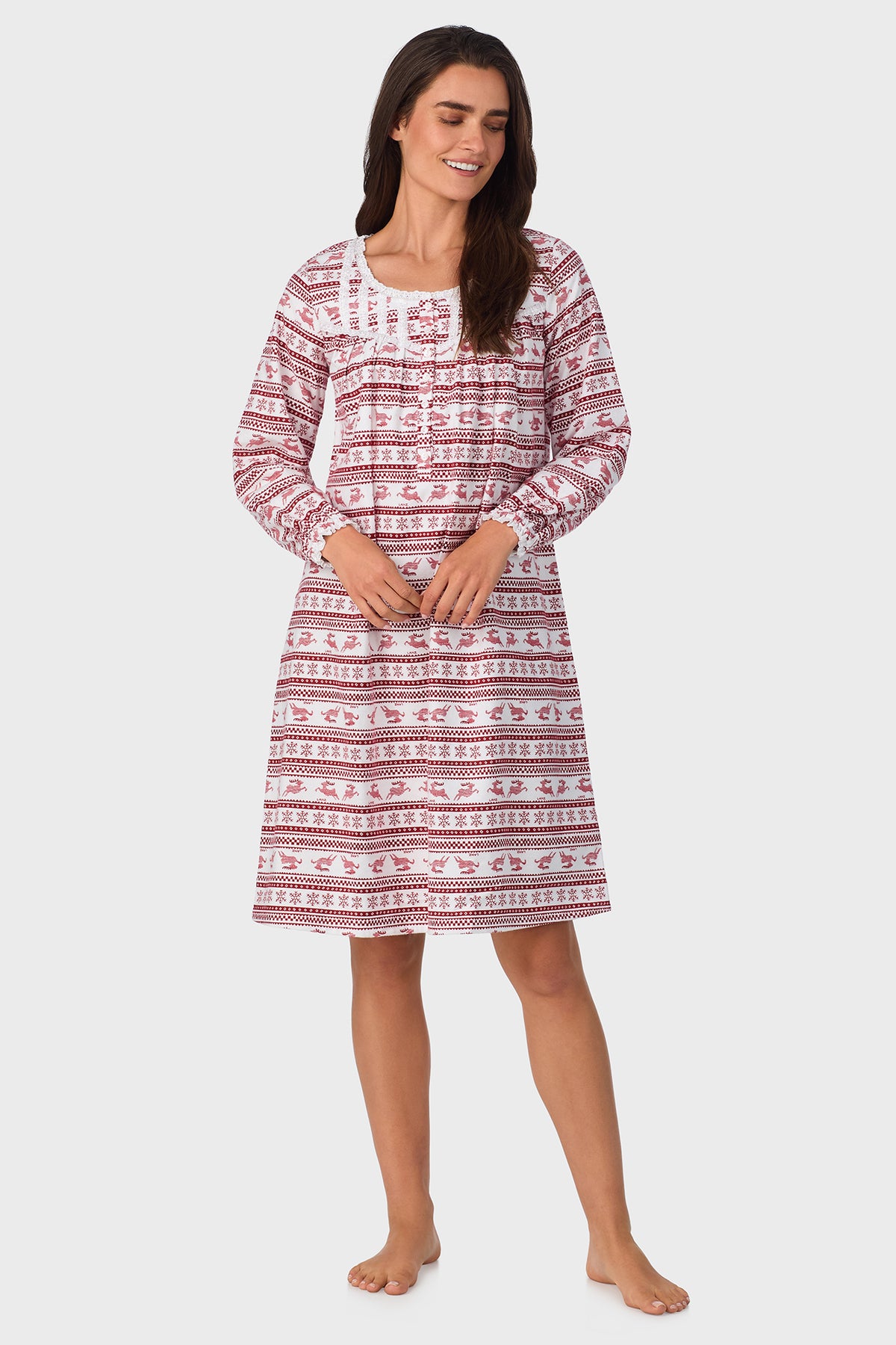 Red Fair Isle 100% Cotton Brushed Flannel Long Sleeve Waltz Gown