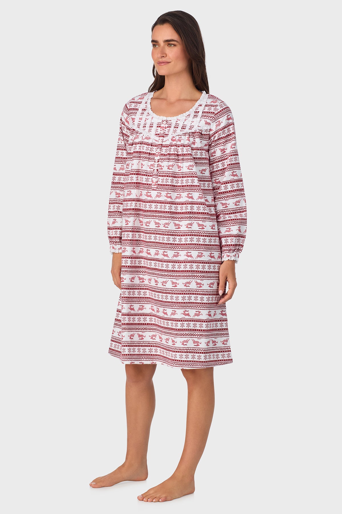 Red Fair Isle 100% Cotton Brushed Flannel Long Sleeve Waltz Gown