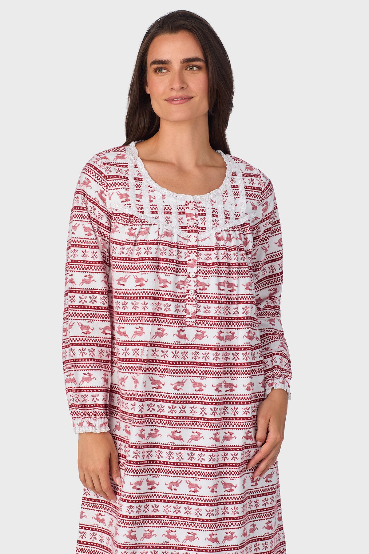 Red Fair Isle 100% Cotton Brushed Flannel Long Sleeve Waltz Gown