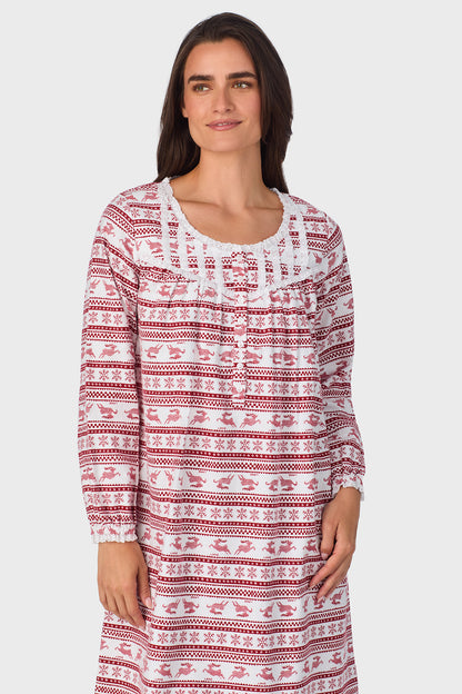 Red Fair Isle 100% Cotton Brushed Flannel Long Sleeve Waltz Gown