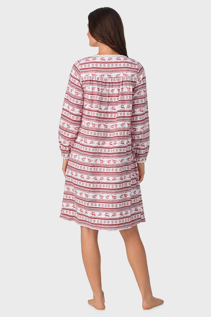 Red Fair Isle 100% Cotton Brushed Flannel Long Sleeve Waltz Gown