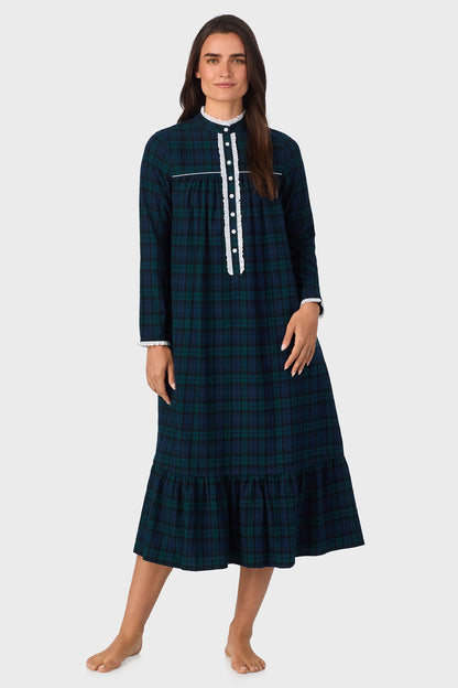 Black Watch Plaid 100% Cotton Brushed Flannel Highneck Long Sleeve Gown