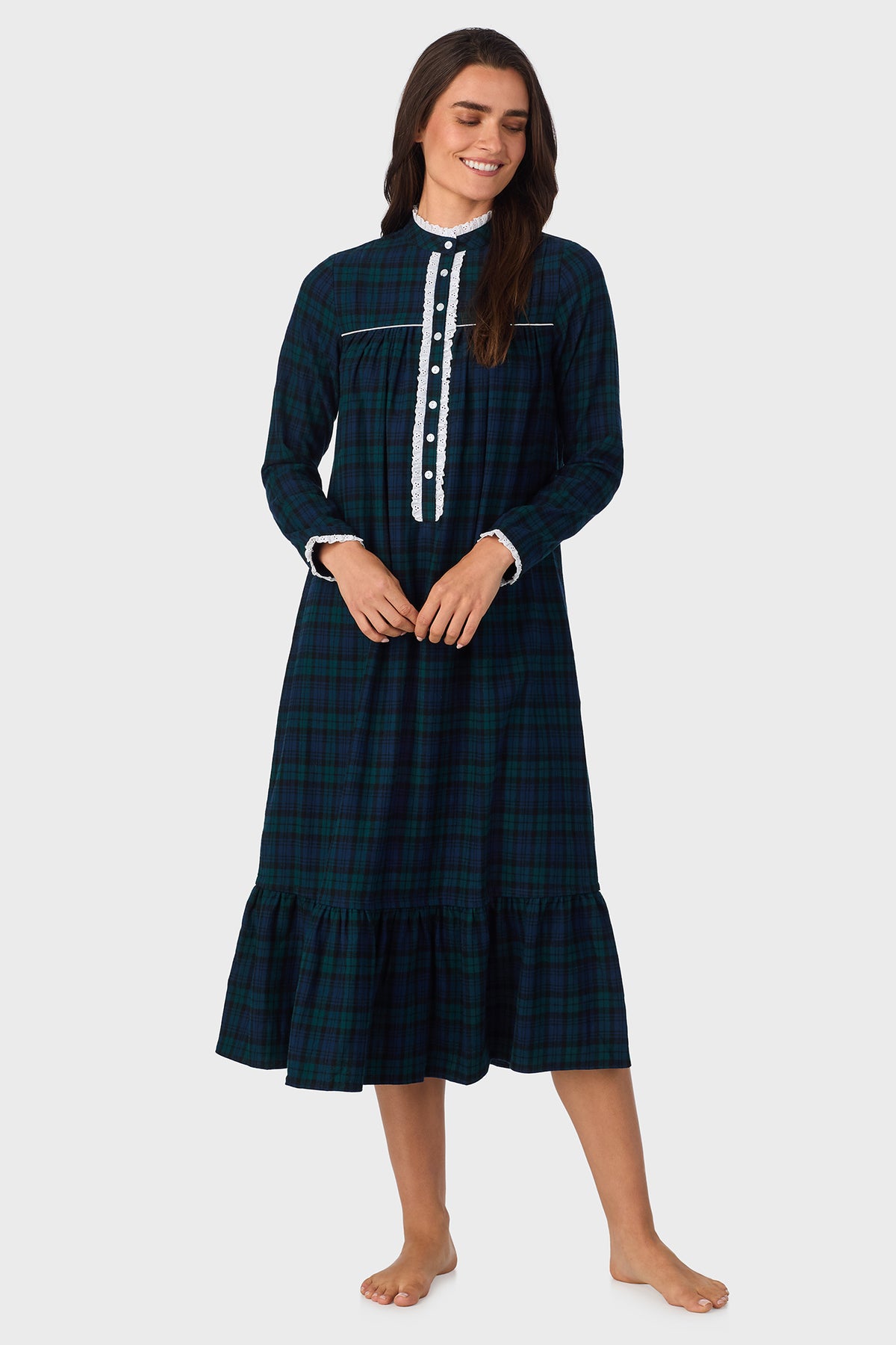 Black Watch Plaid 100% Cotton Brushed Flannel Highneck Long Sleeve Gown