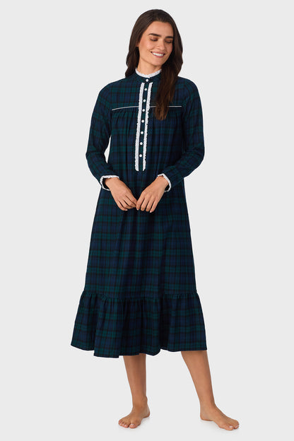 Black Watch Plaid 100% Cotton Brushed Flannel Highneck Long Sleeve Gown