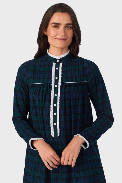 Black Watch Plaid 100% Cotton Brushed Flannel Highneck Long Sleeve Gown