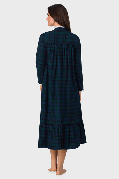 Black Watch Plaid 100% Cotton Brushed Flannel Highneck Long Sleeve Gown