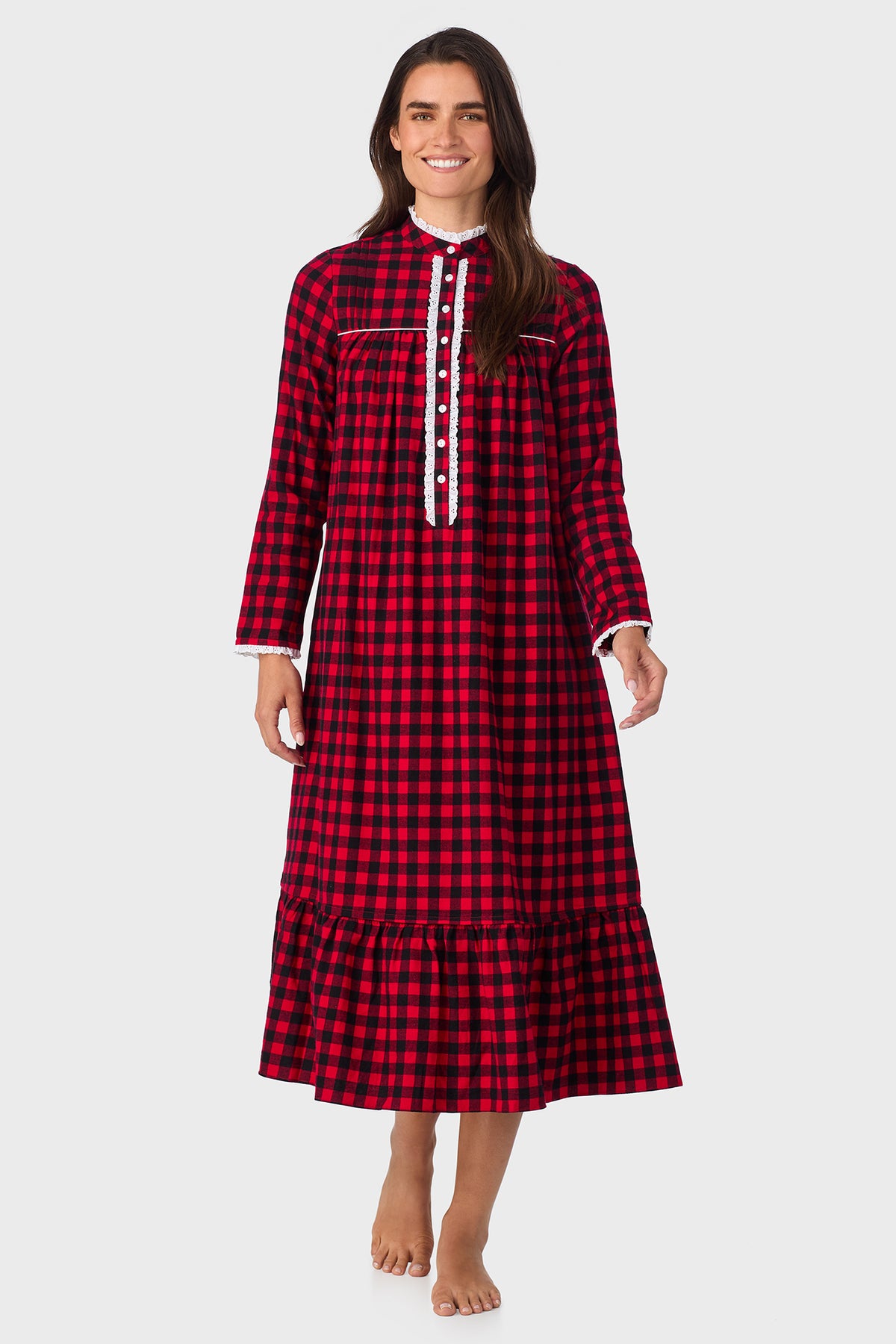 Buffalo Check 100% Cotton Brushed Flannel Highneck Long Sleeve Flannel Gown