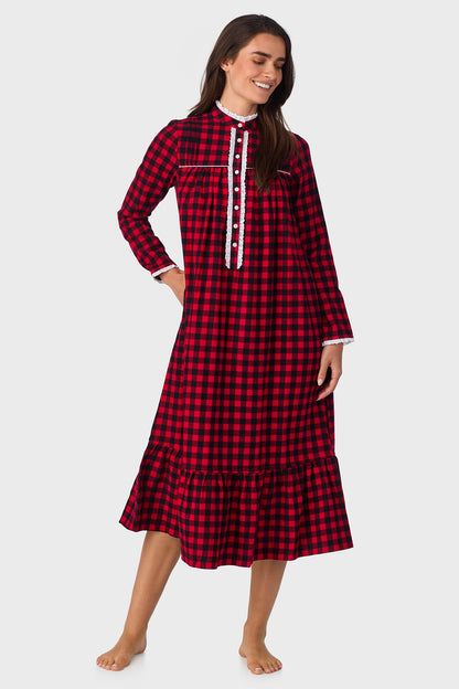 Buffalo Check 100% Cotton Brushed Flannel Highneck Long Sleeve Flannel Gown