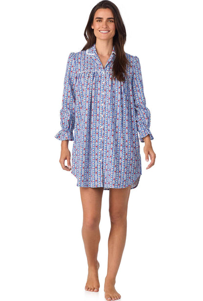 A lady wearing Classic Blue Tyrolean Stripe Flannel Nightshirt