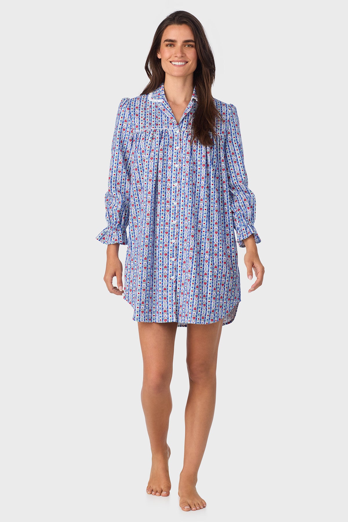 Classic Blue Tyrolean Stripe 100% Cotton Brushed Flannel Long Sleeve Nightshirt