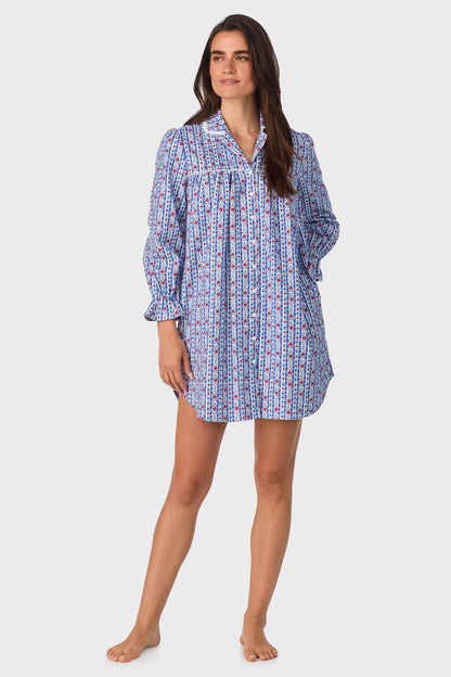 Classic Blue Tyrolean Stripe 100% Cotton Brushed Flannel Long Sleeve Nightshirt