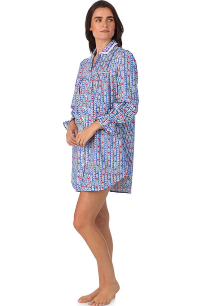 A lady wearing Classic Blue Tyrolean Stripe Flannel Nightshirt