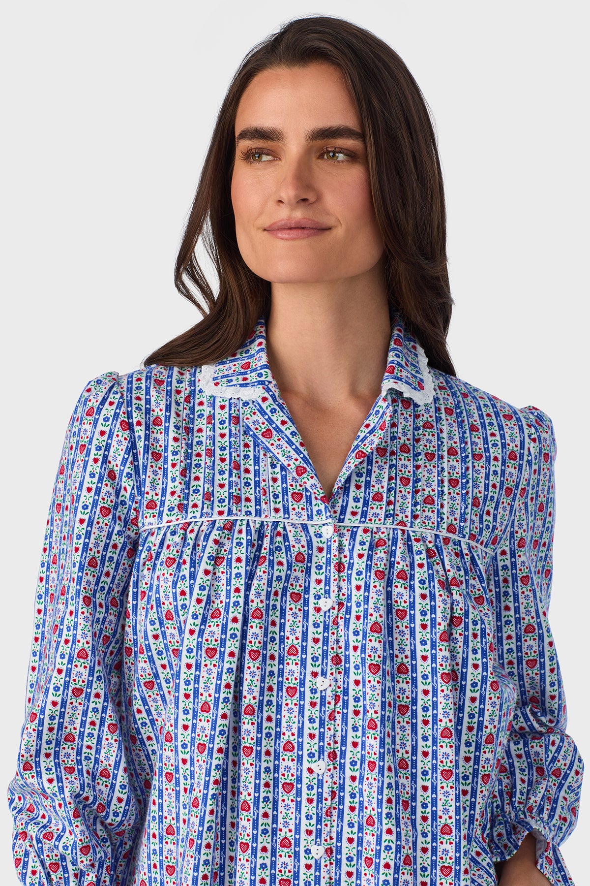 Classic Blue Tyrolean Stripe 100% Cotton Brushed Flannel Long Sleeve Nightshirt