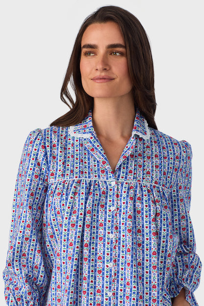 Classic Blue Tyrolean Stripe 100% Cotton Brushed Flannel Long Sleeve Nightshirt