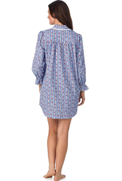 A lady wearing Classic Blue Tyrolean Stripe Flannel Nightshirt