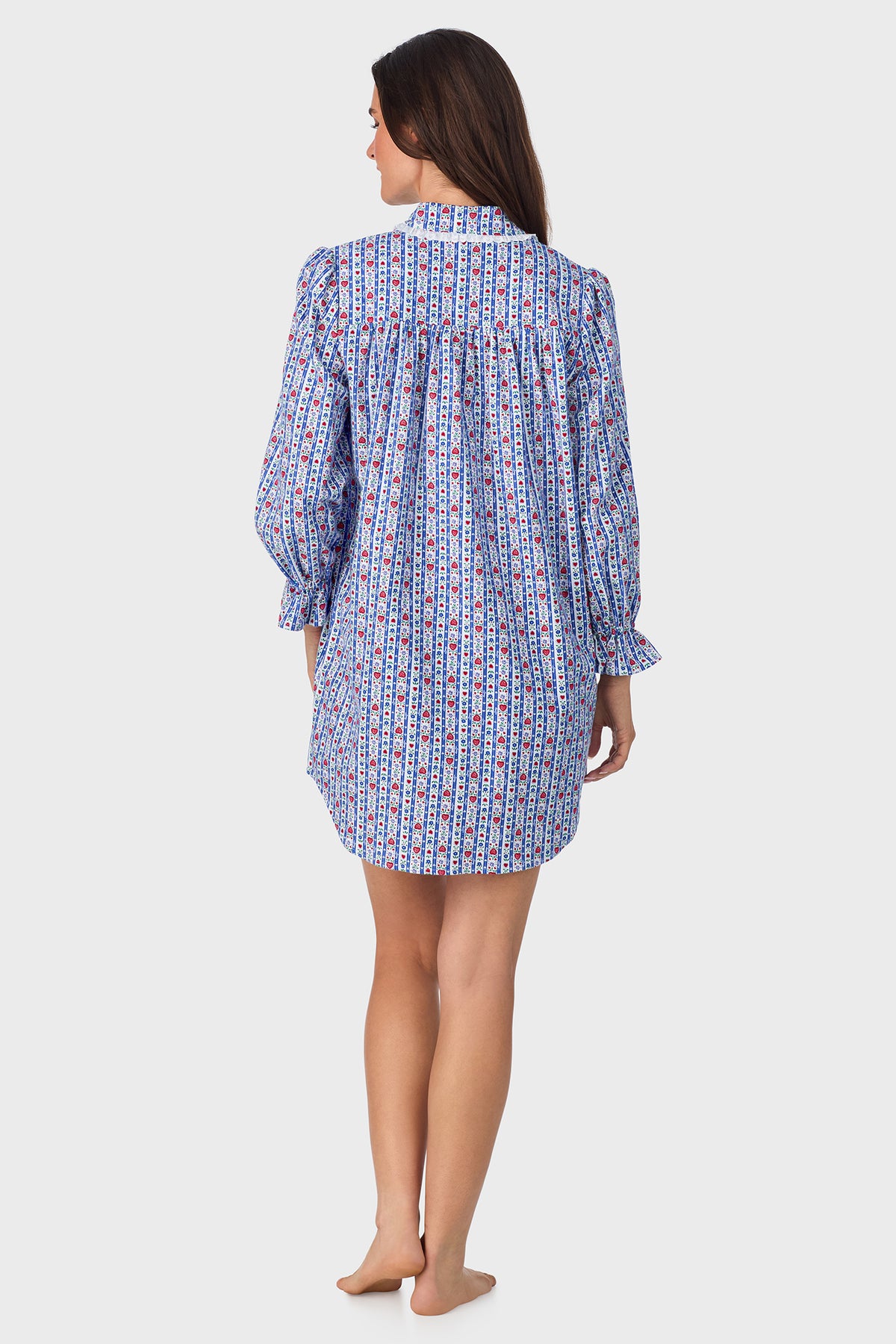 Classic Blue Tyrolean Stripe 100% Cotton Brushed Flannel Long Sleeve Nightshirt