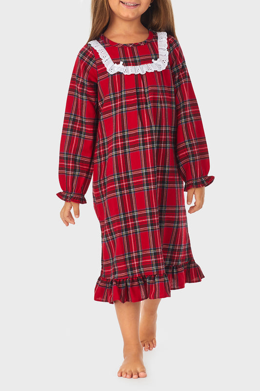 Toddler & Girls Red Tartan 100% Recycled Poly Twill Long Sleeve Nightgown