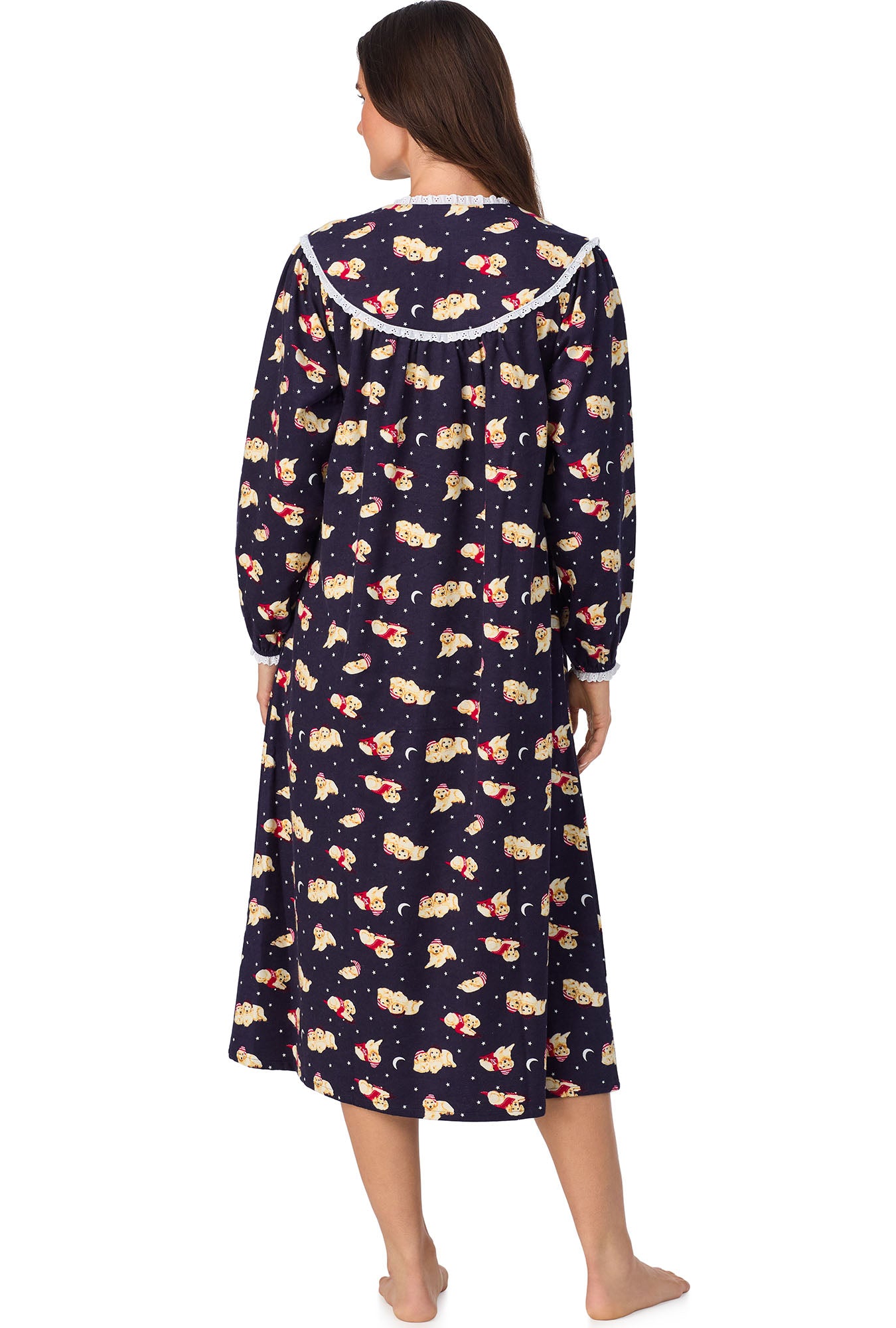 A lady wearing Cuddly Labs Flannel Gown