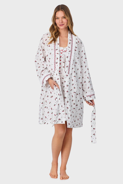 A lady wearing Strawberry Jubilee Cotton Lawn Short Wrap Robe