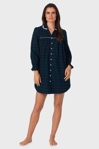 Black Watch Plaid  100% Cotton Brushed Flannel Long Sleeve Nightshirt