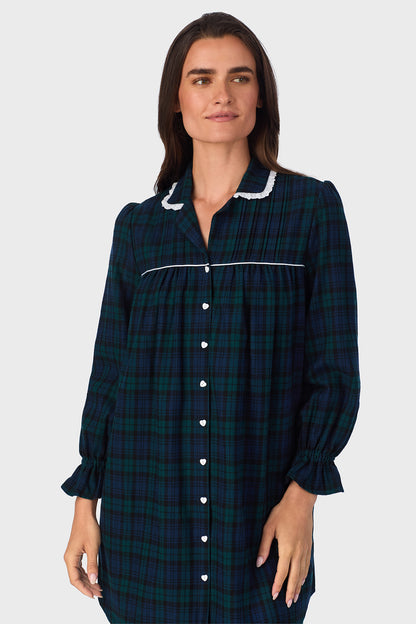 Black Watch Plaid  100% Cotton Brushed Flannel Long Sleeve Nightshirt