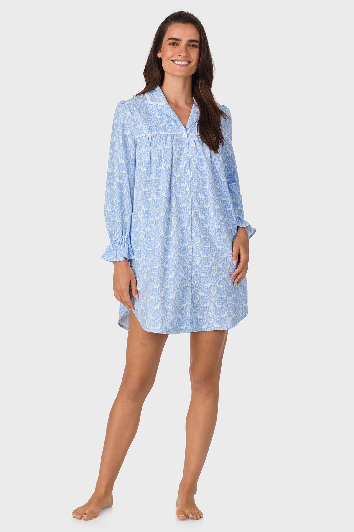 Blue Nordic Tyrolean 100% Cotton Brushed Flannel Long Sleeve Nightshirt