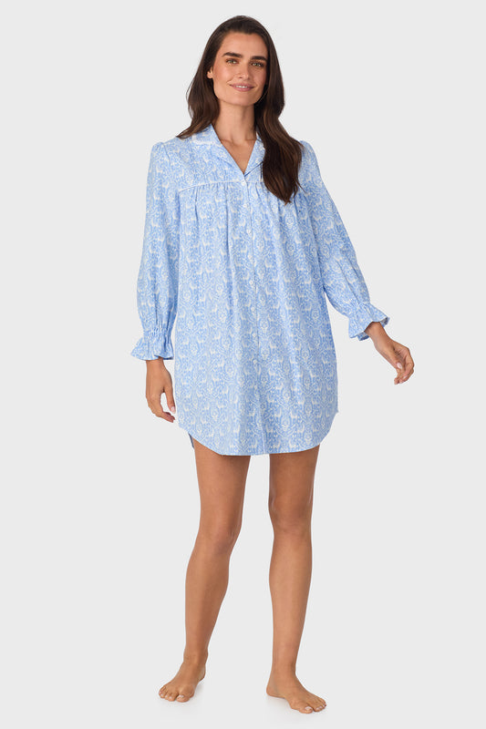 Blue Nordic Tyrolean 100% Cotton Brushed Flannel Long Sleeve Nightshirt