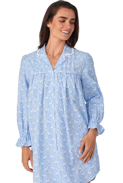 A lady wearing Blue Nordic Tyrolean Flannel Nightshirt