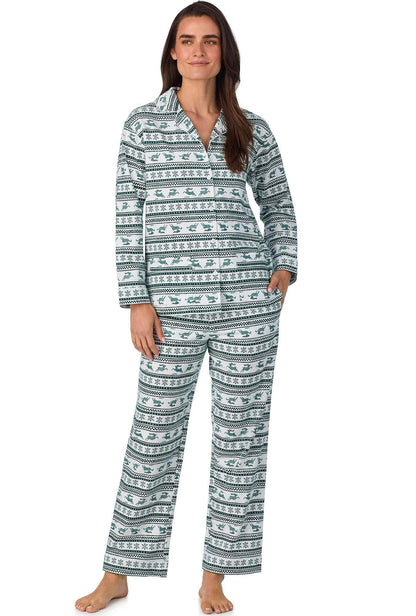 A lady wearing Hunter Green Fair Isle Classic Notch Pajama