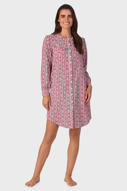 Red Tyrolean 100% Cotton Brushed Flannel Long Sleeve Nightshirt