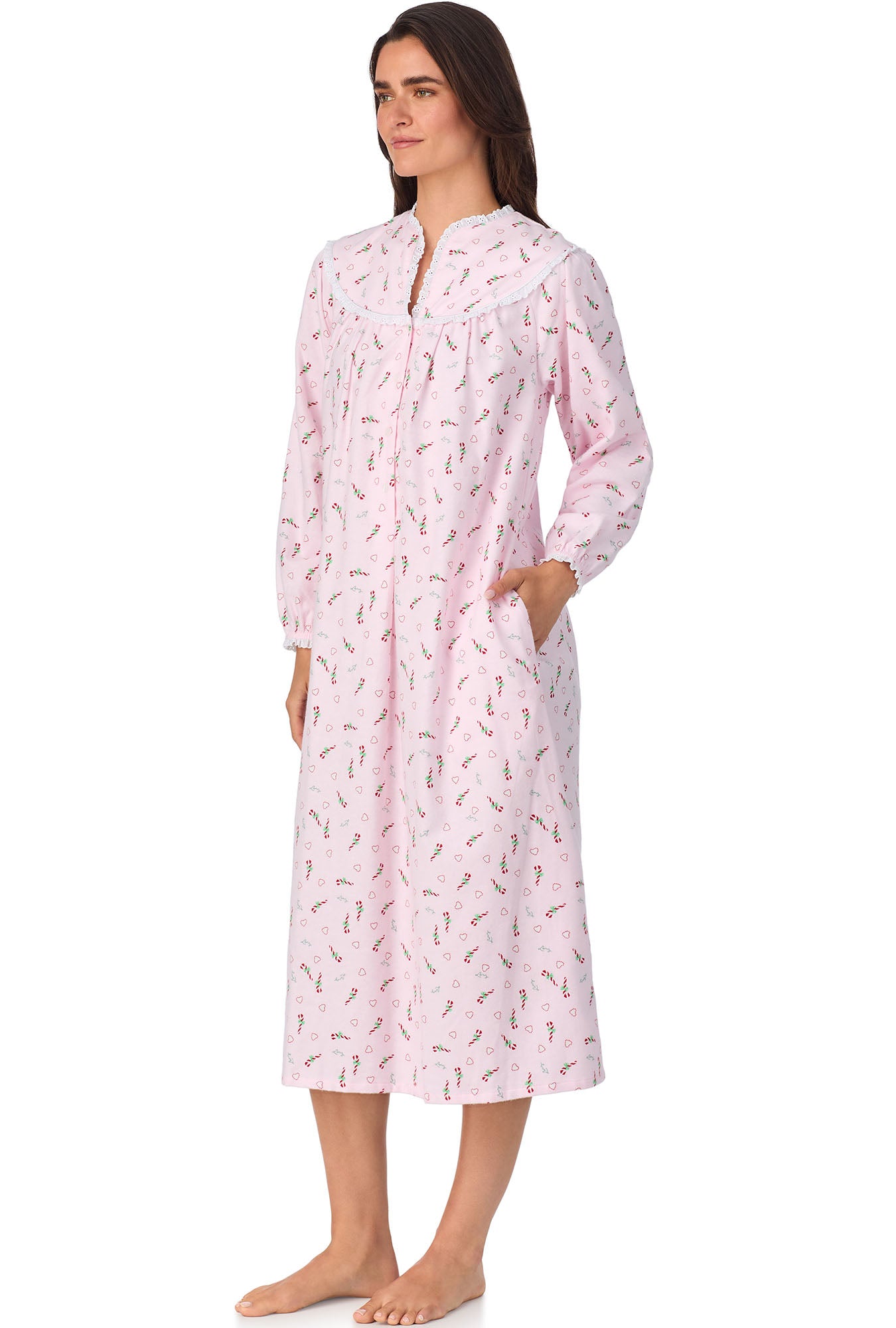 A lady wearing Candy Canes Flannel Gown