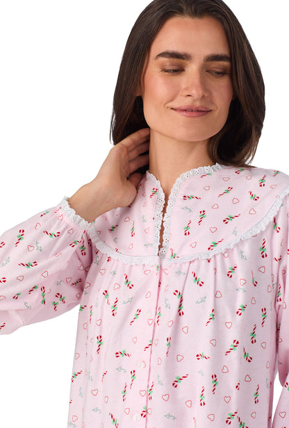 A lady wearing Candy Canes Flannel Gown