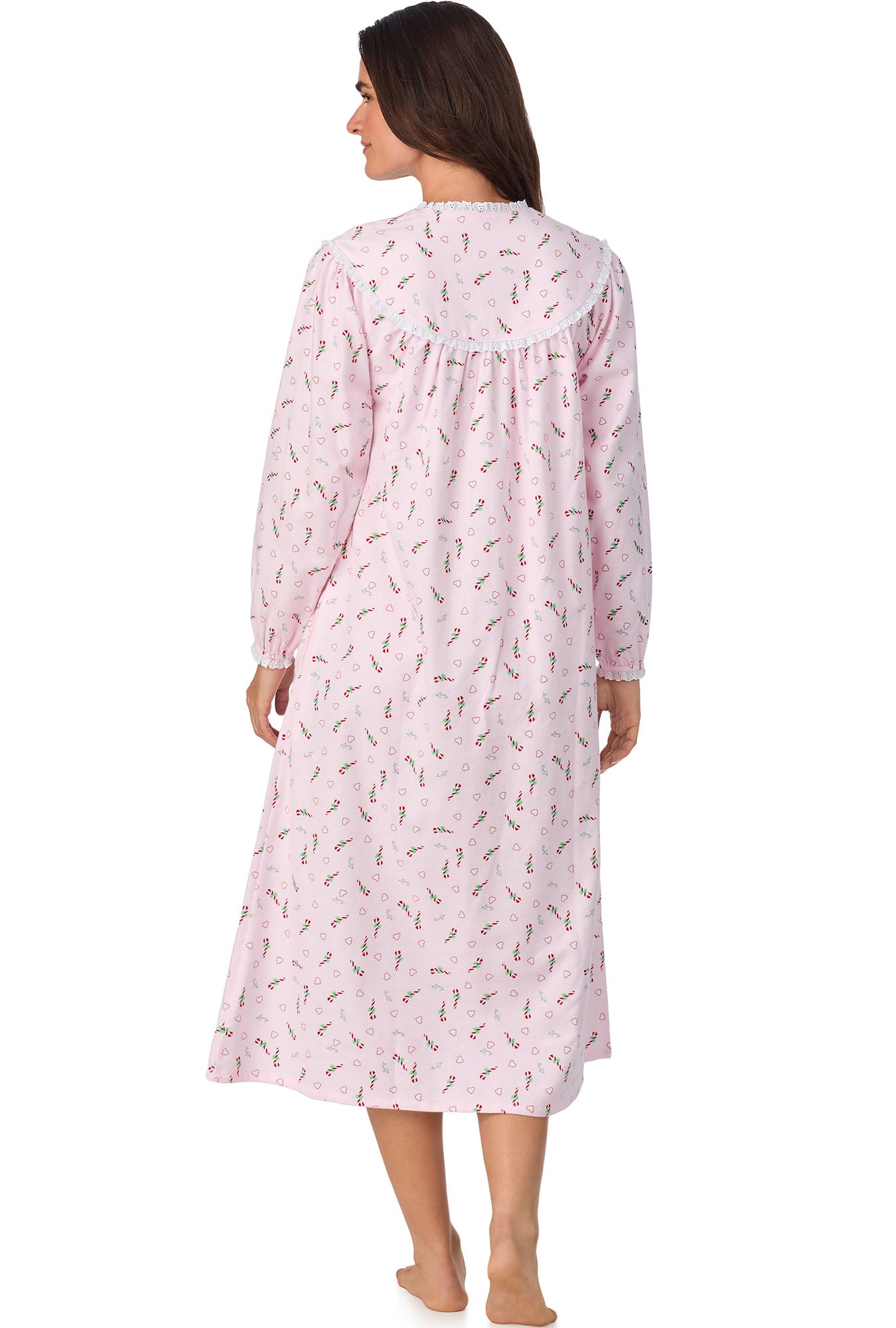 A lady wearing Candy Canes Flannel Gown